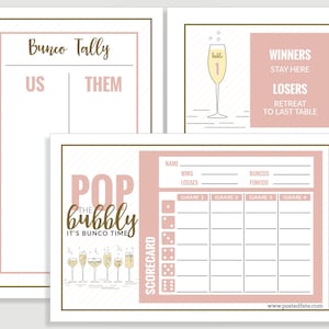 Set di carte punteggio Champagne Bunco - Cheers Pop The Bubbly - Foglio di conteggio e carte da tavolo - Download istantaneo - #C17-BUN-ID