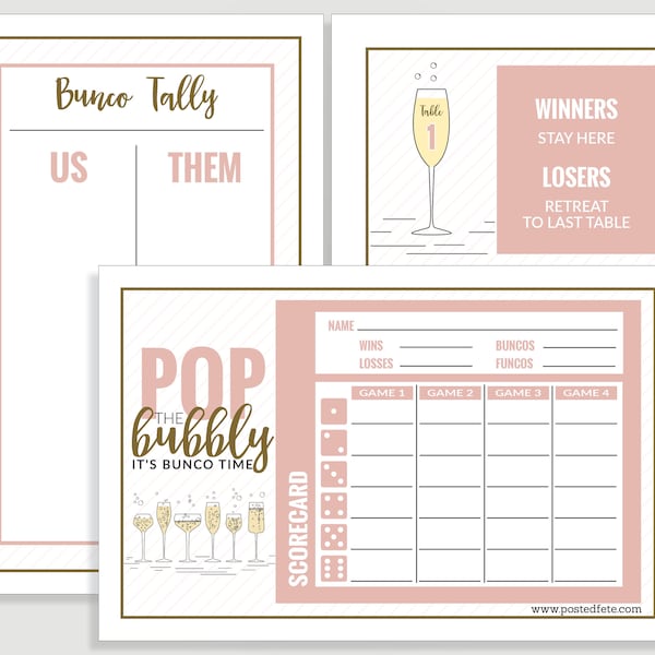 Champagne Bunco Score Card Set - Cheers Pop The Bubbly -  Tally Sheet and Table Cards - Instant Download -  #C17-BUN-ID