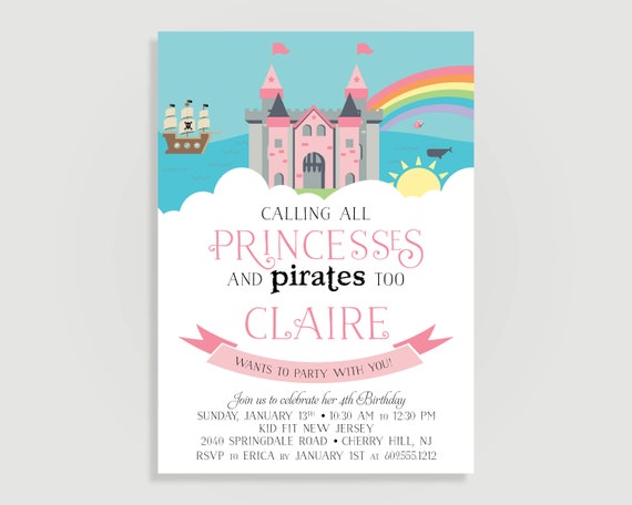 Princess and Pirates Birthday Party Invitation - Personalized Printable File or Print Package Available #00341-PIA7B Il_570xn