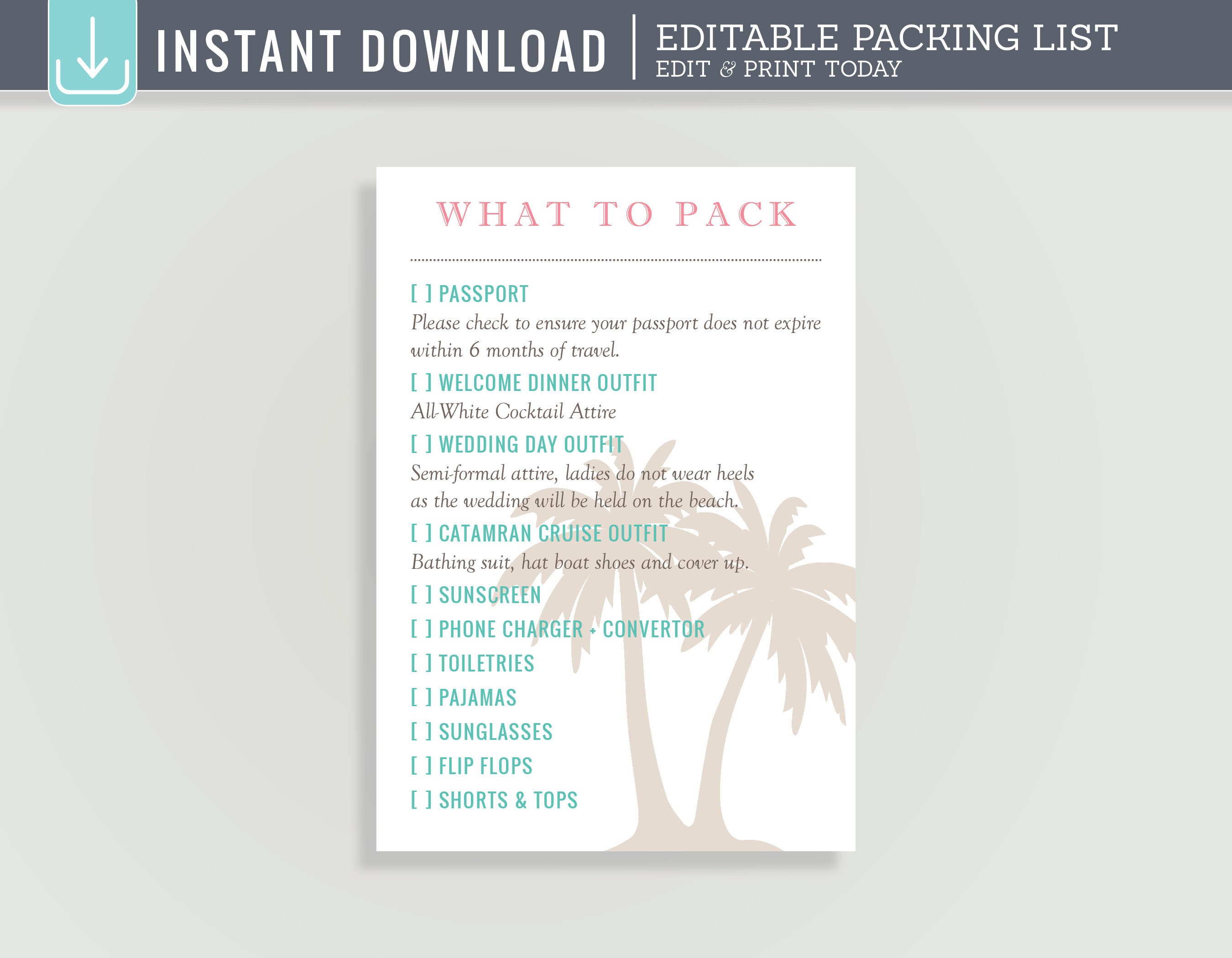 Destination Wedding Packing List What To Pack Instant Etsy