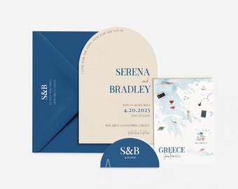 May include: A wedding invitation suite featuring a navy blue envelope, a cream-colored invitation with the names "Serena and Bradley", and a map of Greece. The suite includes the date 4.20.2025 and the location Rocabella Santorini, Greece.