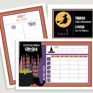 Halloween Bunco Score Card Set - Let&#39;s Play Bunco Witches Includes - Us Them Tally Sheet and Table Cards - Instant Download -  #00113H-ID