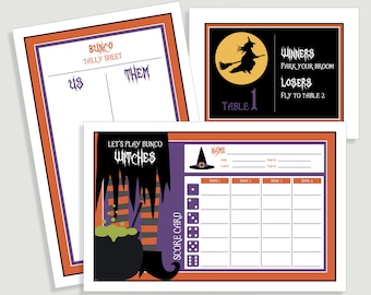 Halloween Bunco Score Card Set - Let&#39;s Play Bunco Witches Includes - Us Them Tally Sheet and Table Cards - Instant Download -  #00113H-ID