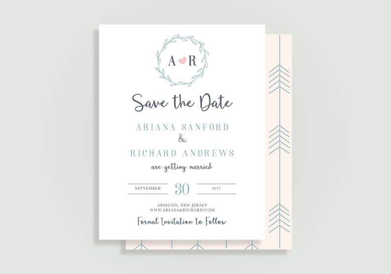 #00256BC-STDA2 Boho Wedding Save the Date with Laurel Monogram Magnets Available Personalized Printable File or Print Pkg Avail
