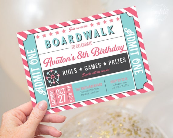 boardwalk birthday invitation admission ticket ferris wheel personalized printable file or print package available c12 pia7 05 by bash box by kreativees catch my party