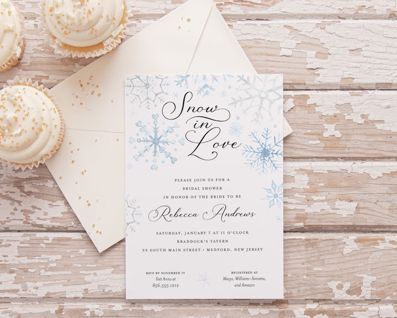 Snow in Love Bridal Shower Invitation Printed Digital File Optional Also Available Snowy Winter Theme image 1