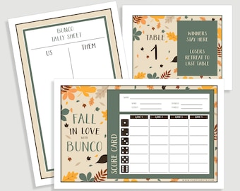 Fall in Love Bunco Score Card Set - Fall Bunco - Us Them Tally Sheet and Table Cards - Instant Download -  #00113F-ID