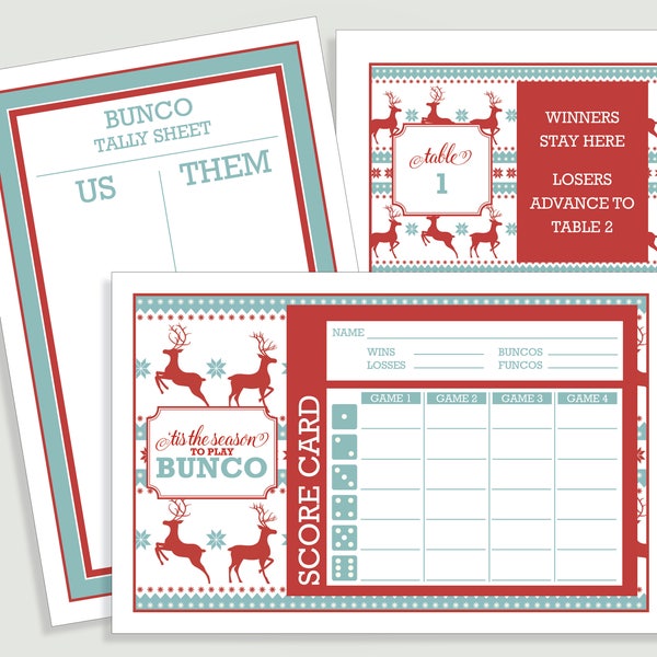Christmas Bunco Score Card Set - Ugly Sweater - 'Tis the Season - Us Them Tally Sheet and Table Cards - Instant Download -  #00102-ID