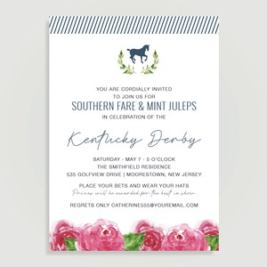 May include: A white invitation with blue and white stripes at the top. The invitation is for a Kentucky Derby party with the text "Southern Fare & Mint Juleps" and a silhouette of a horse. The invitation includes the date, time, and location of the party. The bottom of the invitation features pink watercolor roses.
