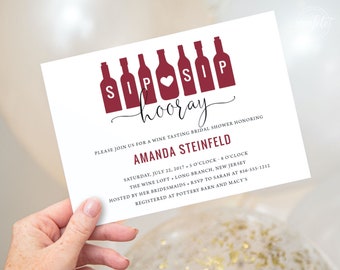 Wine Bridal Shower Invitation - Sip Sip Hooray - Wine Tasting - Wine Party - Personalized Printable File or Print Package C23-PIA7-01 | PGA