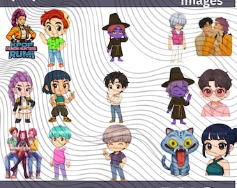 Clipart Chibi de Cazadores de Demonios del K-pop, pegatinas digitales PNG (descarga digital)