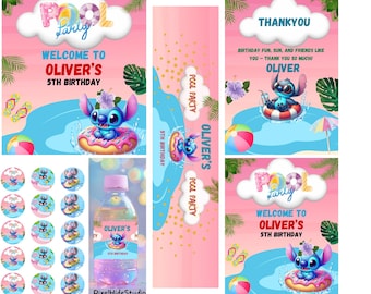 Paquete editable de fiesta de cumpleaños en la piscina con Stitch: invitación, póster y adornos para tarta (descarga digital)