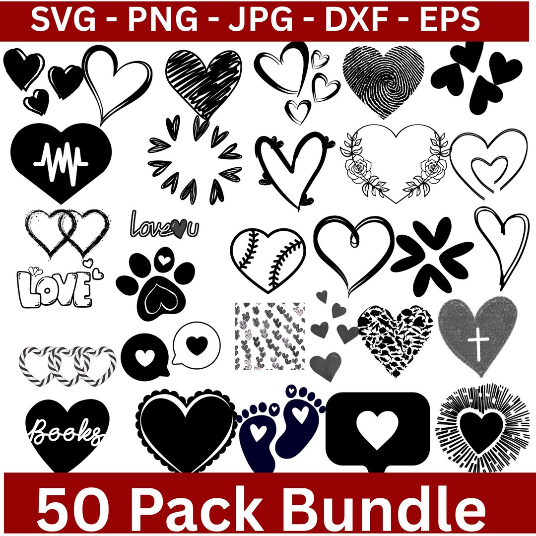 Heart SVG Bundle: 50+ Doodle Clipart Designs for Cricut (digital ...