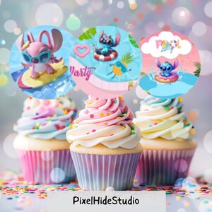 May include: Three cupcakes with colorful frosting and decorative toppers featuring cartoon characters. The toppers have a pool party theme. The cupcakes sit on a surface scattered with confetti. The image includes the text "PixelHideStudio".