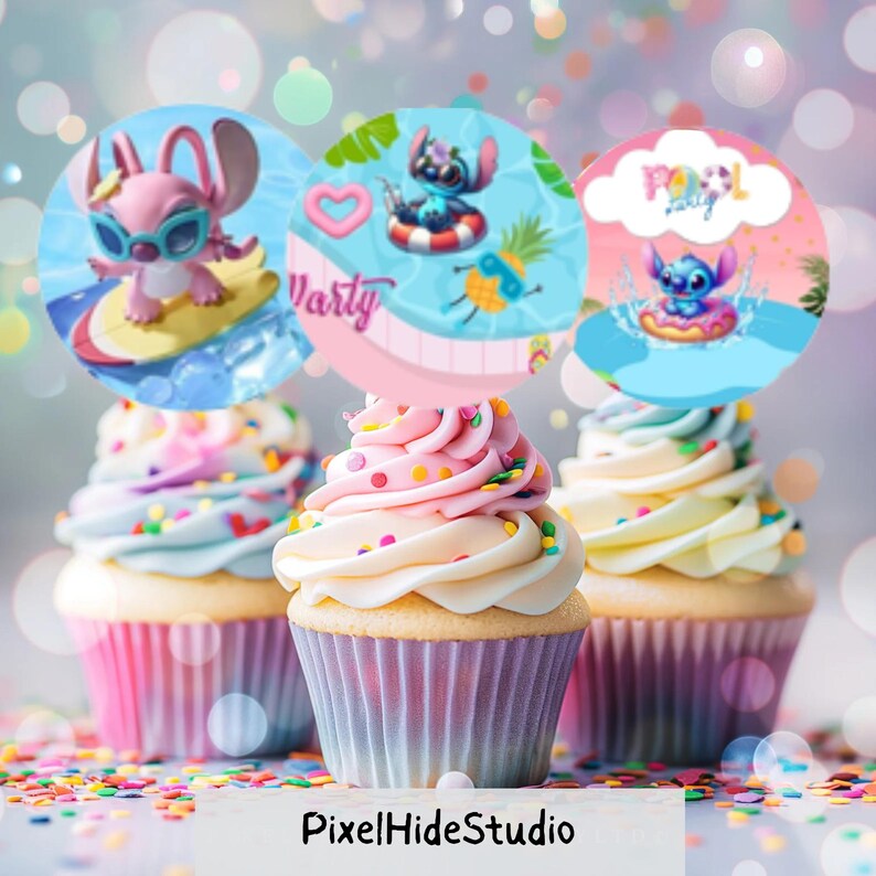 May include: Three cupcakes with colorful frosting and decorative toppers featuring cartoon characters. The toppers have a pool party theme. The cupcakes sit on a surface scattered with confetti. The image includes the text "PixelHideStudio".