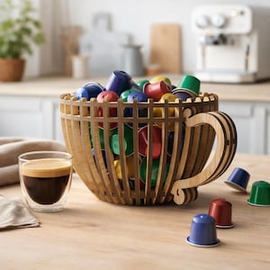 Może przedstawiać: Drewniany pojemnik na kapsułki do kawy w kształcie filiżanki, wypełniony kolorowymi kapsułkami do kawy. Obok szklanka espresso z podwójnymi ściankami. Kilka luźnych kapsułek leży na drewnianej powierzchni. Uchwyt jest wykonany z jasnobrązowego drewna.