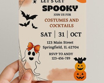 Invitación para una fiesta de Halloween espeluznante: fantasma, calabaza y cócteles (descarga digital, 5 x 7 pulgadas, texto editable)