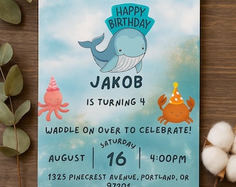 Invitación de cumpleaños de ballena: Fiesta submarina, plantilla editable de Canva (descarga digital)