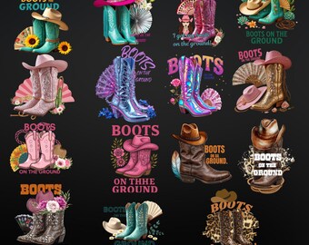 Paquete PNG de botas de vaquera: diseños retro de sublimación del oeste (descarga digital)