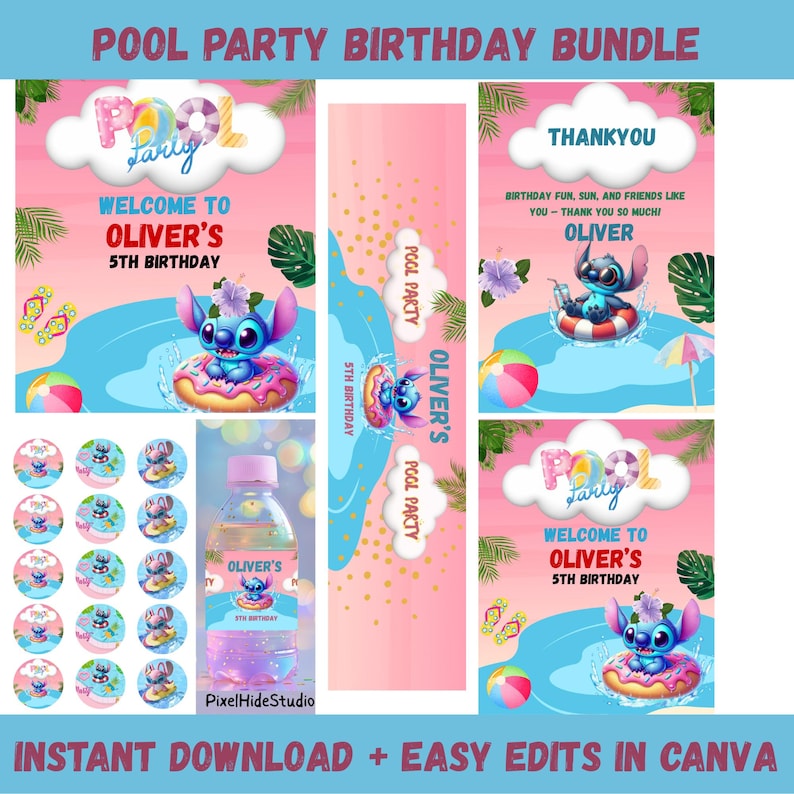May include: A pink and blue pool party birthday bundle with the text "Pool Party Birthday Bundle". The bundle includes invitations, water bottle labels, stickers, and a thank you card. The design features a cartoon character in a pool.