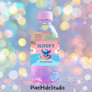 May include: A clear plastic water bottle with a pink cap and a custom label. The label features the name "Oliver's" and a cartoon character in a donut float. The bottle is decorated with gold glitter and the text "5th Birthday".