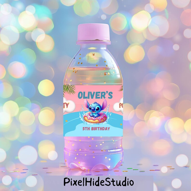 May include: A clear plastic water bottle with a pink cap and a custom label. The label features the name "Oliver's" and a cartoon character in a donut float. The bottle is decorated with gold glitter and the text "5th Birthday".
