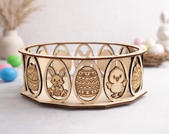 Archivo de corte láser para cesta de Pascua: conejito, pollito y porta huevos (contrachapado de 3 mm)