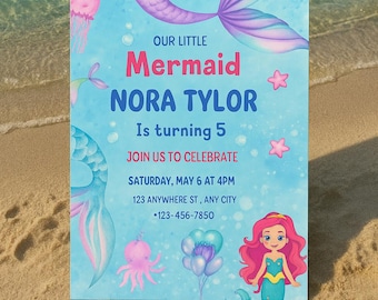 Invitación de cumpleaños de cola de sirena: Fiesta submarina, plantilla editable de Canva (descarga digital)