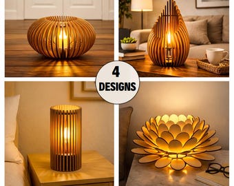 Diseños de lámparas de madera cortadas con láser: espirales, lotos y lágrimas (descarga digital)