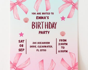 Invitación de cumpleaños con lazo rosa: Invitación editable para fiesta coqueta (Plantilla PDF de 13 x 18 cm)