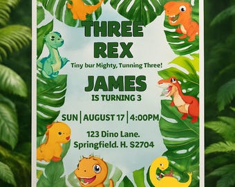 Invitación de cumpleaños de los Tres Rex: Fiesta de dinosaurios en la jungla (Descarga digital)