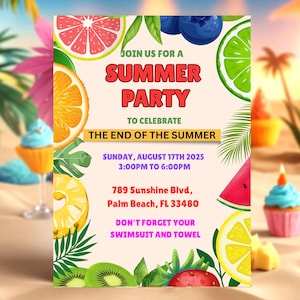 End of Summer Party Invitation | Tropical Fruit Pool Party | Editable Digital Download