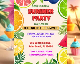 Invitación para fiesta de fin de verano / Fiesta en la piscina con frutas tropicales / Descarga digital editable