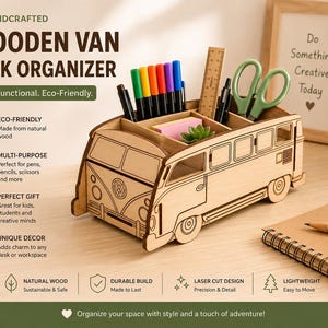 May include: A handcrafted wooden desk organizer shaped like a van, with compartments for pens, pencils, and scissors. The organizer is made of natural wood and features laser-cut details. The text on the image says "Do Something Creative Today".