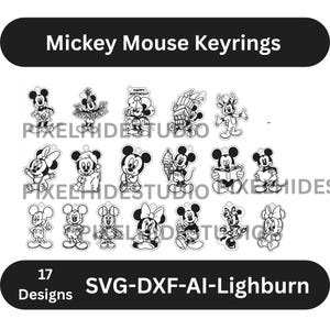 May include: A collection of 17 black and white Mickey Mouse keyring designs. The keyrings feature various poses and themes, including birthday celebrations and holding gifts. The text "Mickey Mouse Keyrings" is at the top.