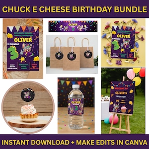 Puede incluir: Un paquete de cumpleaños de Chuck E. Cheese con invitaciones, bolsas de regalo, etiquetas para botellas de agua, adornos para cupcakes y un letrero de bienvenida. El diseño incluye el nombre "Oliver" y personajes de Chuck E. Cheese, con un esquema de color púrpura y amarillo.
