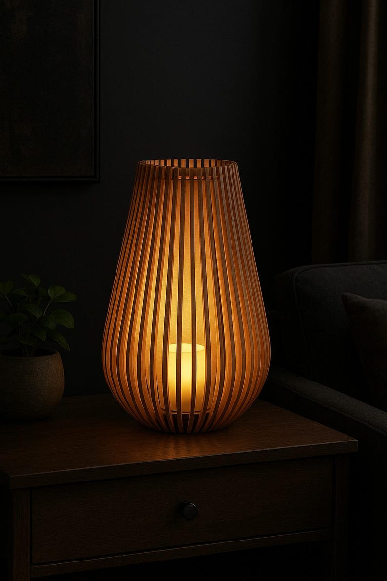 May include: A wooden lantern with a warm, inviting glow. The lantern has a teardrop shape, constructed from vertical wooden slats. A candle inside casts a soft light, creating a cozy ambiance. The lantern is placed on a dark wooden table.