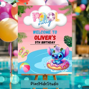 May include: A pink and blue pool party sign on an easel. The sign reads "Pool Party" and "Welcome to Oliver's 5th Birthday". A cartoon character is floating on a donut in a pool. Colorful balloons are in the background.