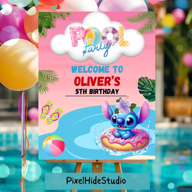 May include: A pink and blue pool party sign on an easel. The sign reads "Pool Party" and "Welcome to Oliver's 5th Birthday". A cartoon character is floating on a donut in a pool. Colorful balloons are in the background.