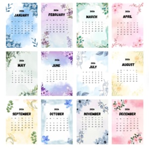 2026 Printable Calendar Floral Watercolor Monthly Planner Minimalist Wall Calendar Digital Download Instant Year Planner