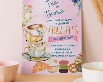 Tea for Three Geburtstagseinladung: Wunderliche Teeparty in Pink & Gold (5x7 Canva Template)