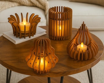 Portavelas de madera cortados con láser SVG / Diseños de faroles de té (3 mm)