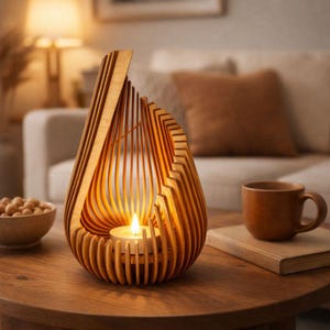 May include: A wooden candle holder with a teardrop design. The holder is made of thin, vertical wooden slats, with a lit candle inside. The warm glow of the candle illuminates the wooden structure. A brown mug and a book are on the table.