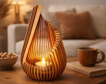 Lámpara de vela de onda curva SVG cortada a láser, de madera, DXF, para decoración moderna del hogar, centro de mesa, entrada e iluminación ambiental acogedora.