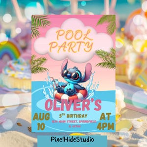 May include: A colorful pool party invitation featuring a cartoon character in a pool float. The invitation includes the text "POOL PARTY" in gold, "OLIVER'S" in pink, and details for a 5th birthday party on August 10th at 4 PM.