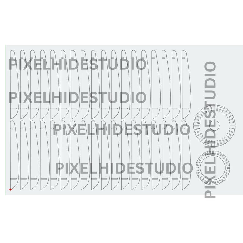 May include: A light gray graphic design featuring multiple curved, elongated shapes arranged in rows. The text "PIXELHIDESTUDIO" is repeated across the image. Two circular designs and the same text are on the right side.