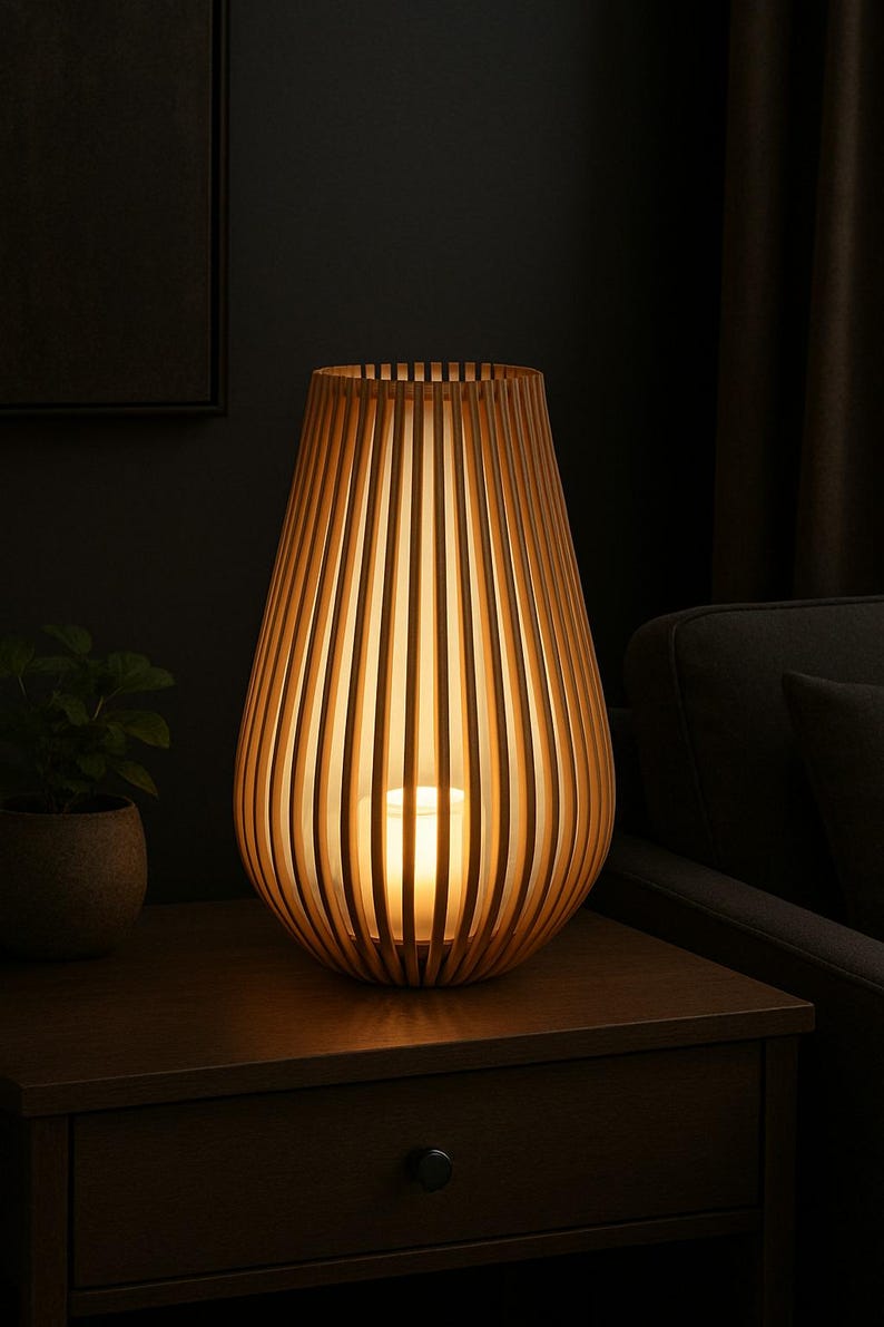 May include: A wooden table lamp with a warm, inviting glow. The lamp has a unique design, with vertical wooden slats forming a rounded, vase-like shape. The lamp is sitting on a dark wooden table.