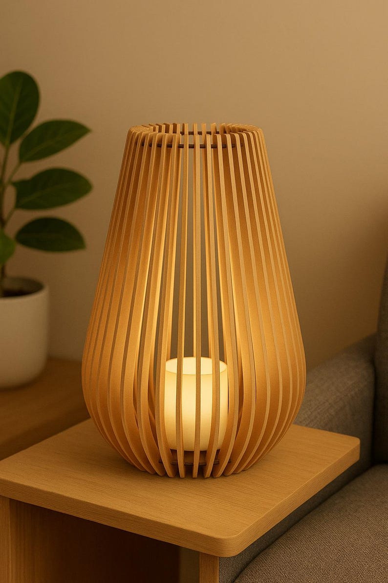 May include: A wooden candle holder with a unique, open-slat design. The holder is made of light-colored wood and has a teardrop shape. A lit candle is visible inside, casting a warm glow. The holder sits on a wooden side table.