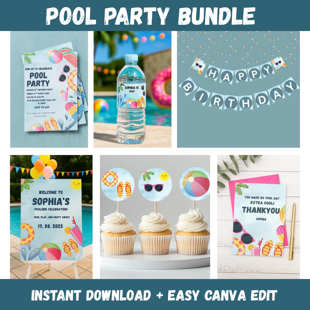 Editable Pool Party Birthday Invitation Bundle: Canva Template (digital ...