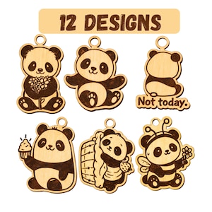 May include: Wooden panda bear charms in various poses, including holding flowers, a cupcake, and a basket. One charm has the text "Not today." The image includes the text "12 DESIGNS" at the top.